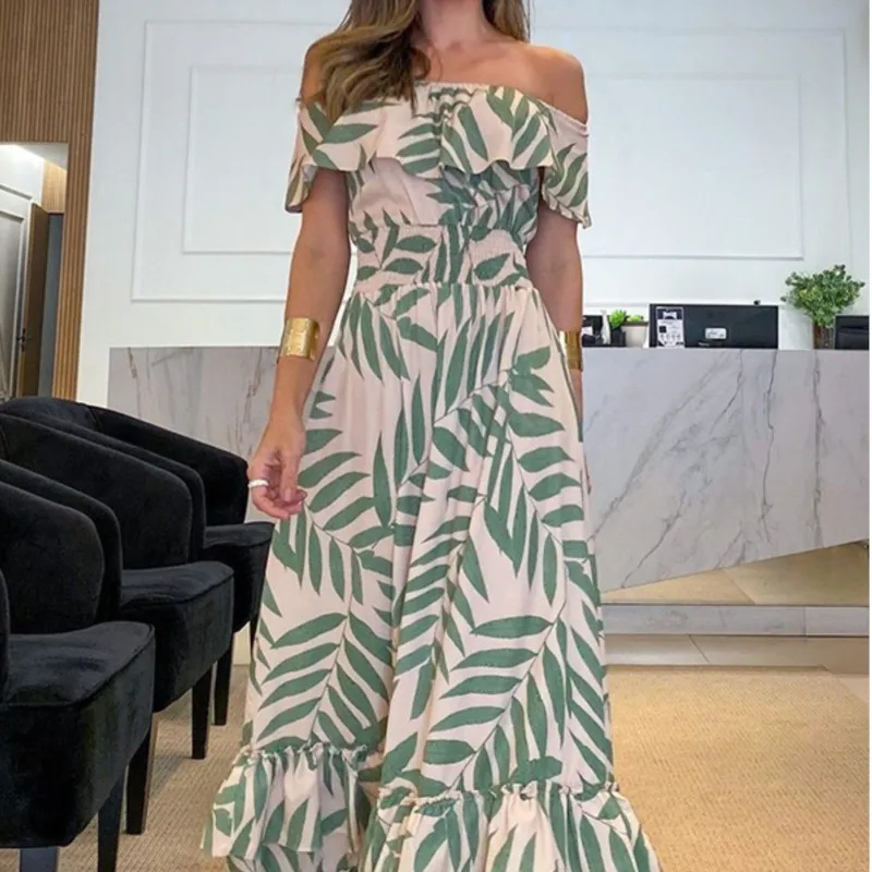 

Summer 2023 Women Dress Printed One Line Neck Elastic Waist Large Swing Long Dresses Fashion Casual Vacation Bohemian vestidos