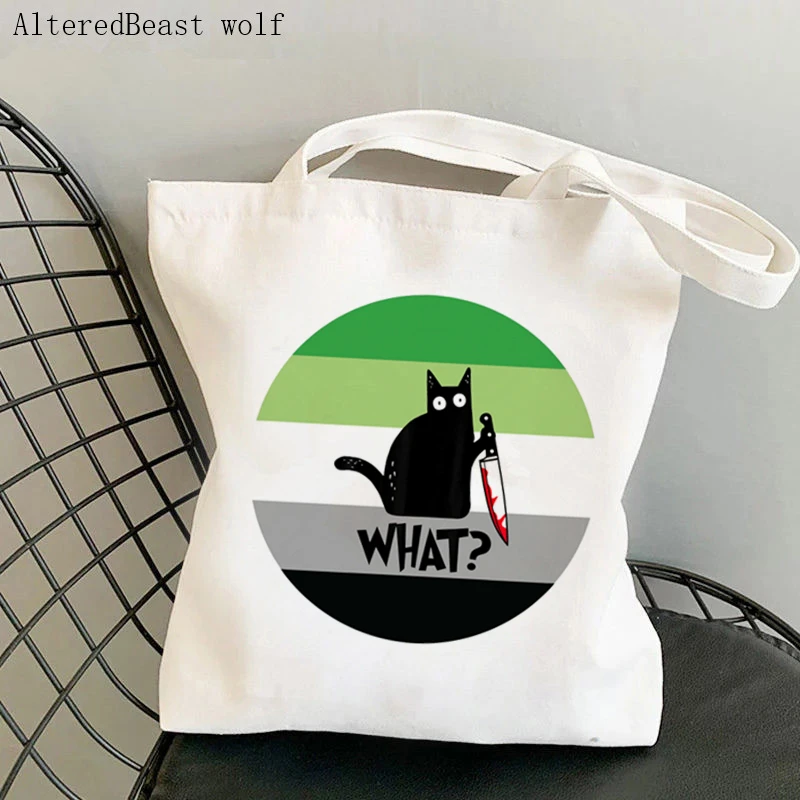 Women Shopper bag Agender halloween cat knife Bag Harajuku Shopping Canvas Shopper Bag girl handbag Tote Shoulder Lady Bag