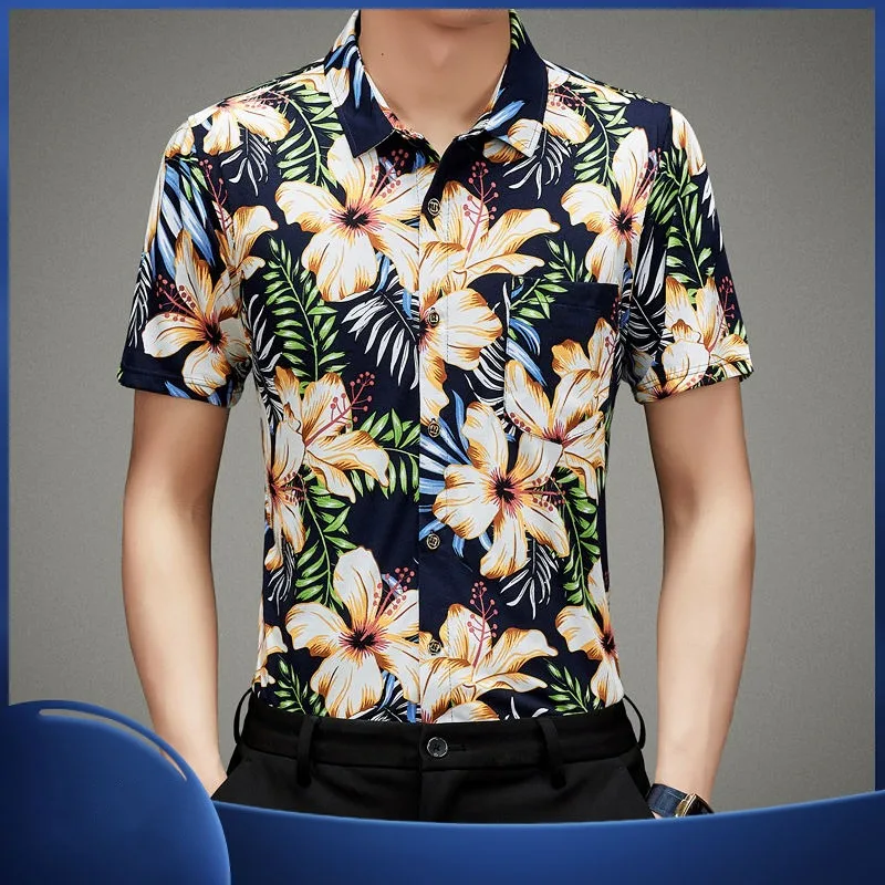 

New in Mens Dress Shirt Summer American Fashion Versatile Loose Lapel Short Sleeve Blouse Floral Printing Casual Vintage Tops