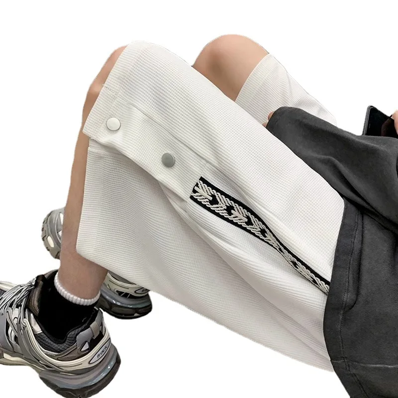 Men's Pants Shorts Waffle Summer Thin Tide Casual Knee Length Large Size Loose Straight Webbing Buttons Sweatpant Shorts for Men
