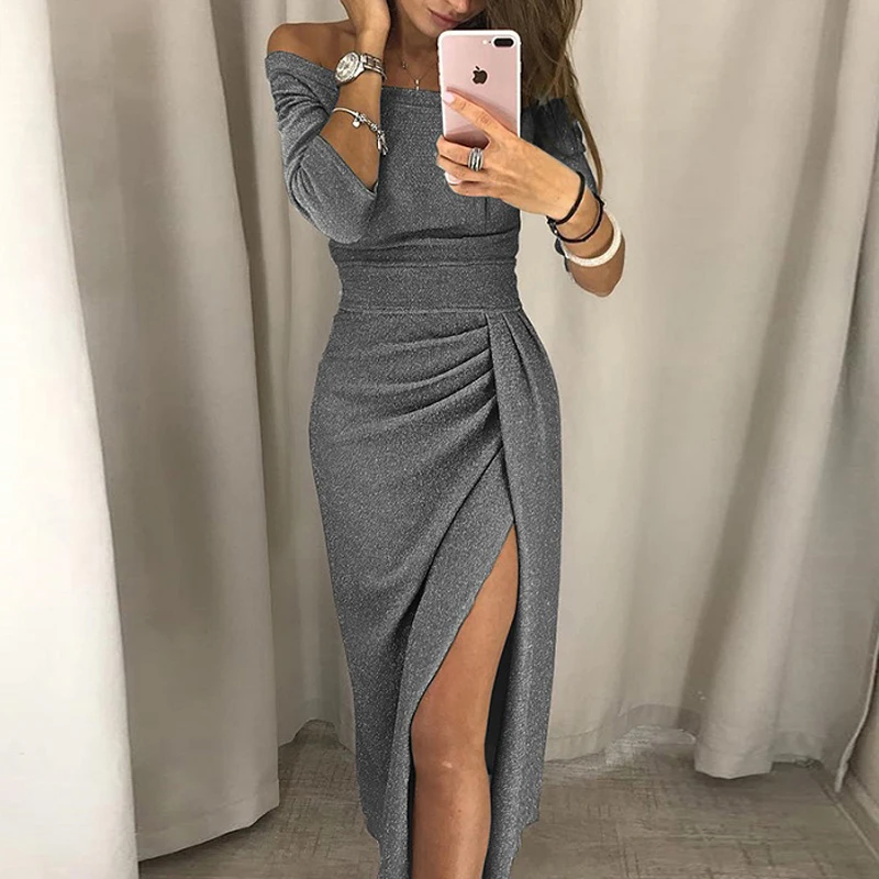 

2023 New High Waist Vintage Bling Sexy Dresses Women Autumn Off Shoulder Bright Silk Shiny Party Dress Lady Split Bodycon Dress