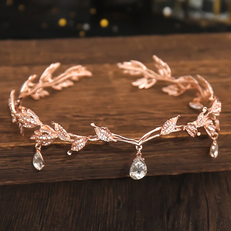 Rose Gold Crystal Leaf Tiara Headpiece for Women Rose Gold Bridal Hair Vine, Wedding Hair Accessories  main image 3