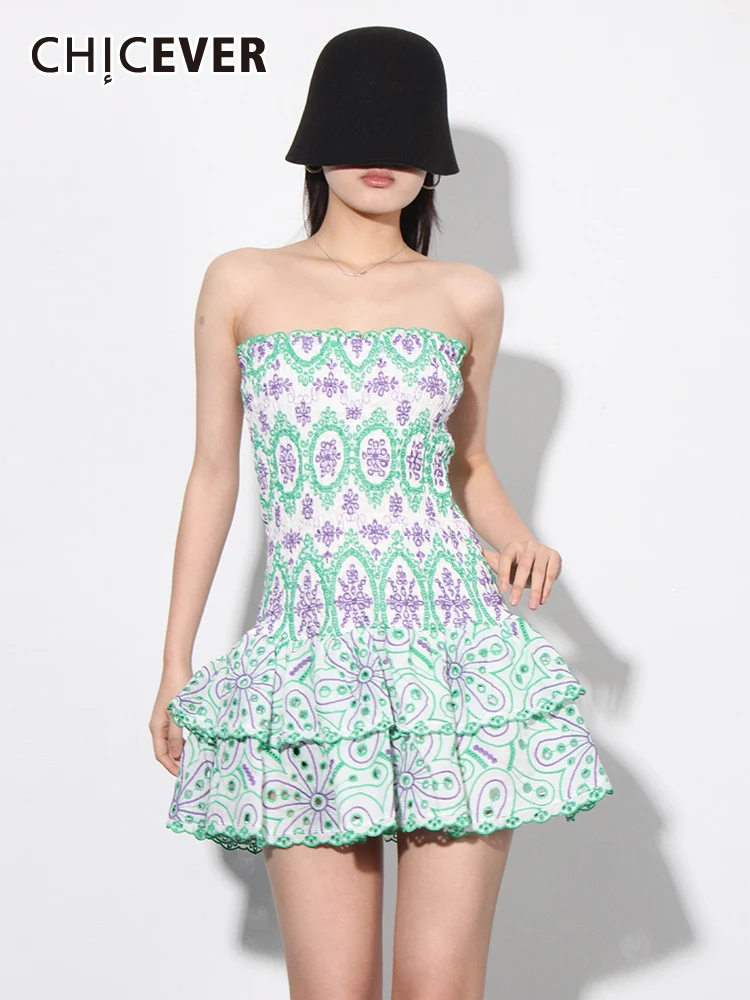 

CHICEVER Embroidery Dresses For Women Sleeveless Off Shoulde Backless High Waist Hit Color Print Spliced Ruffles Dress Female