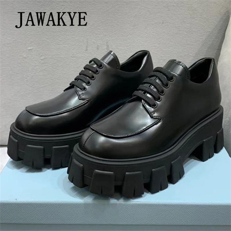 

2023 Autumn Thick Sole Black Genuine Leather Flat Platform Shoes For Women Brand Lace Up Punk Shoes Casual Loafers Shoes Female