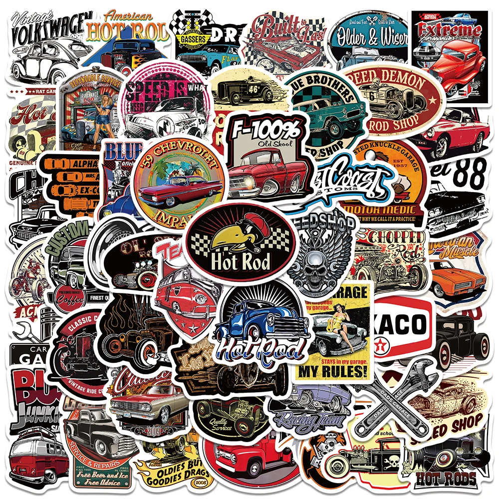 

50pcs Cool Retro Cartoon Hot Rod Graffiti Stickers For Laptop Water Bottle Luggage Notebook Phone Waterproof Vinyl Decals