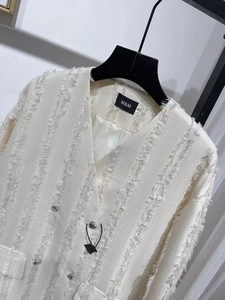 Women Autumn Winter Jacket V-neck Designer Tassel Suit Jacket Baggy Blazer Long Sleeve Oversized Double-breasted Coat New