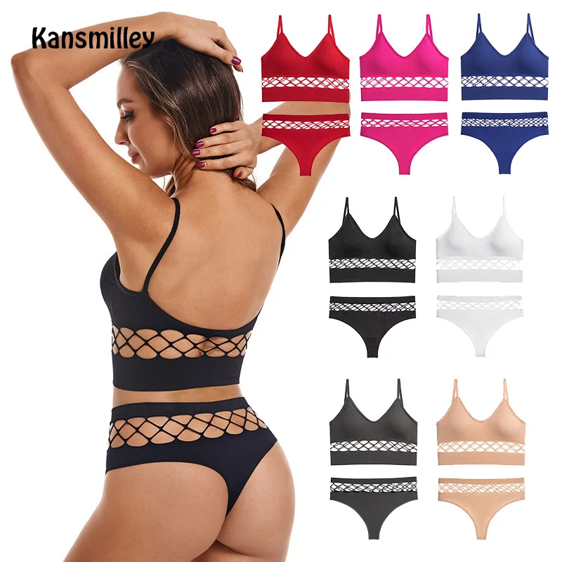 

Women Bra and Panties Set Sexy Thongs G-string Brief Mesh Hallow Out Seamless Underwear Ladies Wireless Padded U Backless Bras