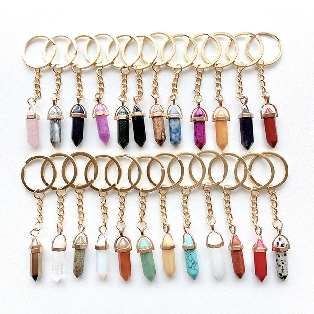 11.11 Stone Gold Key Rings Chakra Beads Gem Hexagonal Prism Charms