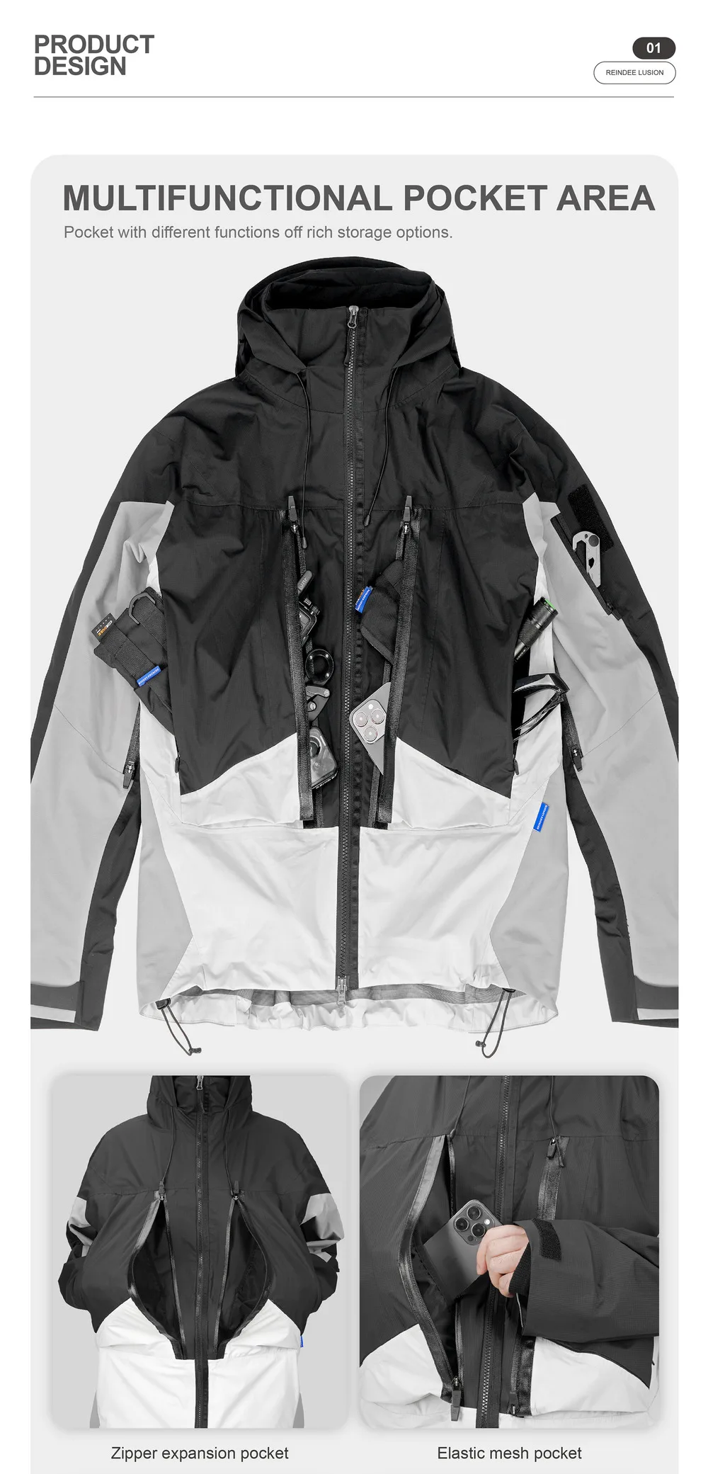 Reindee Lusion 23aw All-weather hooded hard-shell 3L outdoor ski jacket carrying sling multiple pockets adjustable hood techwear