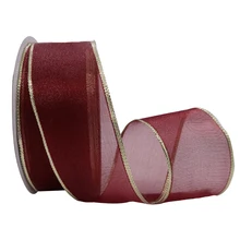 

5 10 25 Yards/Roll 38mm Wired Red Sheer Ribbon with Golden Lurex Edges for Gift Box Wrapping Wedding Decoration Bows for Crafts