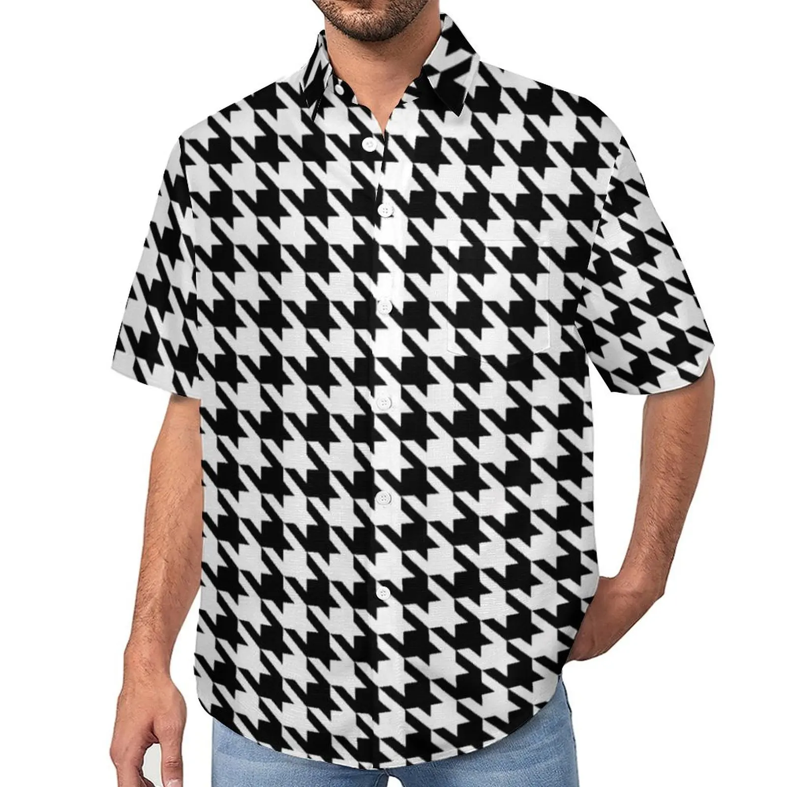 

Black And White Plaid Blouses Male Houndstooth Casual Shirts Hawaii Short-Sleeve Printed Fashion Oversize Vacation Shirt Gift