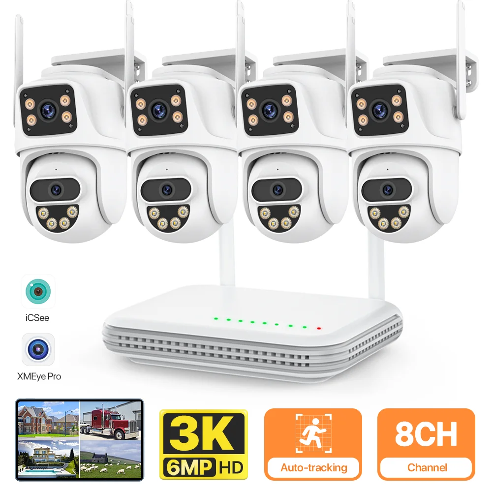 

IP-камера PTZ, 6 МП, HD, двойной объектив, 8 каналов, Wi-Fi, сетевой видеорегистратор, система видеонаблюдения, H.265, беспроводная мини-камера видеонаблюдения, P2P