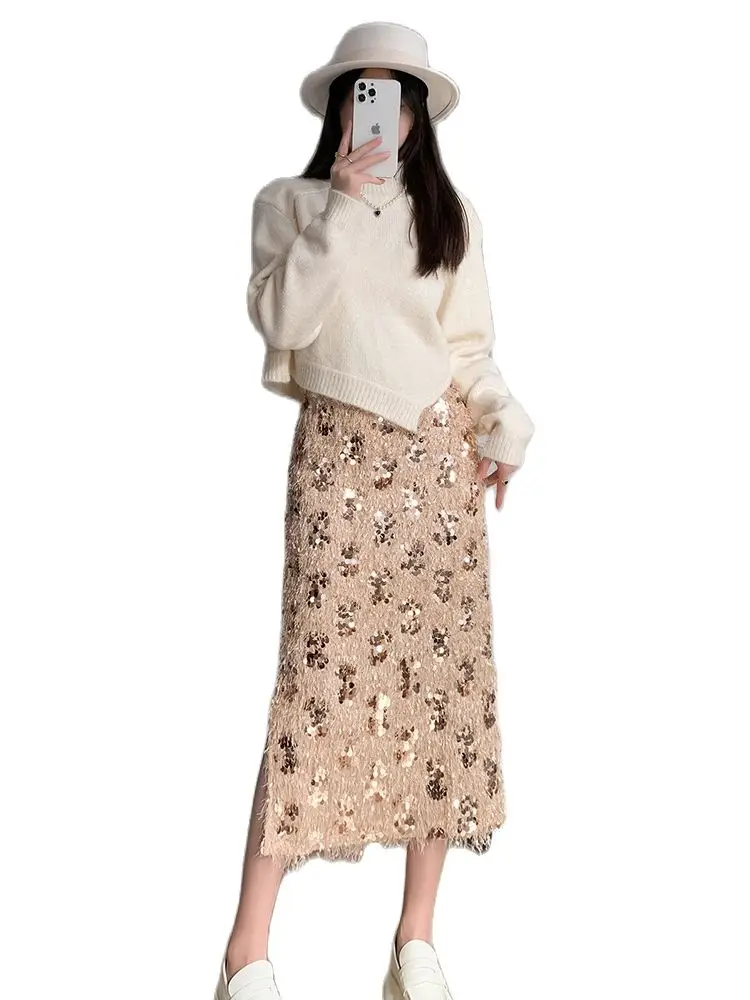 

Real Shot in Autumn and Winter, Suzhou Embroidery Sequins, Gorgeous Flash, Long Split, Two-Wearing Half-Length Straight Skirt