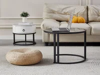 SHARPDO Tables Basses gigognes, Pierre Sinterisée & Verre trempé, Tiroir Simili Cuir Blanc, Lot de 2, Ø 60/45 cm, Design Moderne pour Salon, Ronde 2