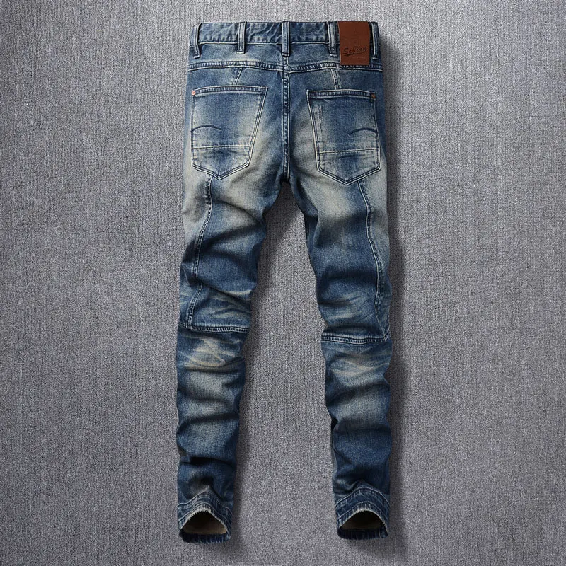 Streetwear Fashion Men Jeans Retro Dark Blue Stretch Slim Fit Spliced Biker Jeans Homme Patched Designer Hip Hop Denim Pants Men