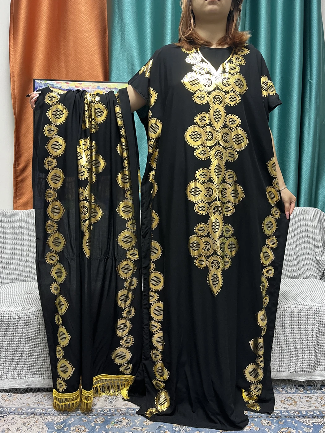 Muslim Pure Color Abayas For Women Appliques Cotton Prayer Garment Sets African Islamic Dresses Moroccan Caftan With Lace Scarf