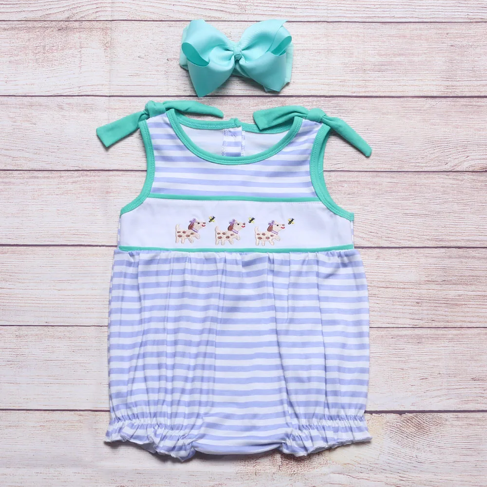 

Summer One-Piece Cotton Romper New Style Puppy Embroidery Clothes Pretty Stripe Leisure Sleeveless Jumpsuit For 0-3T Girl