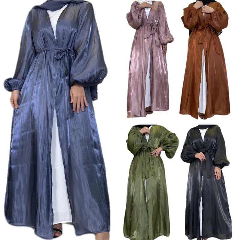 

Solid Color Muslim Dress Women Abaya Dubai Shiny Satin Robe Kimono Sleeve Open Cardigan Coat Party Gown Ramadan EID Vestidos