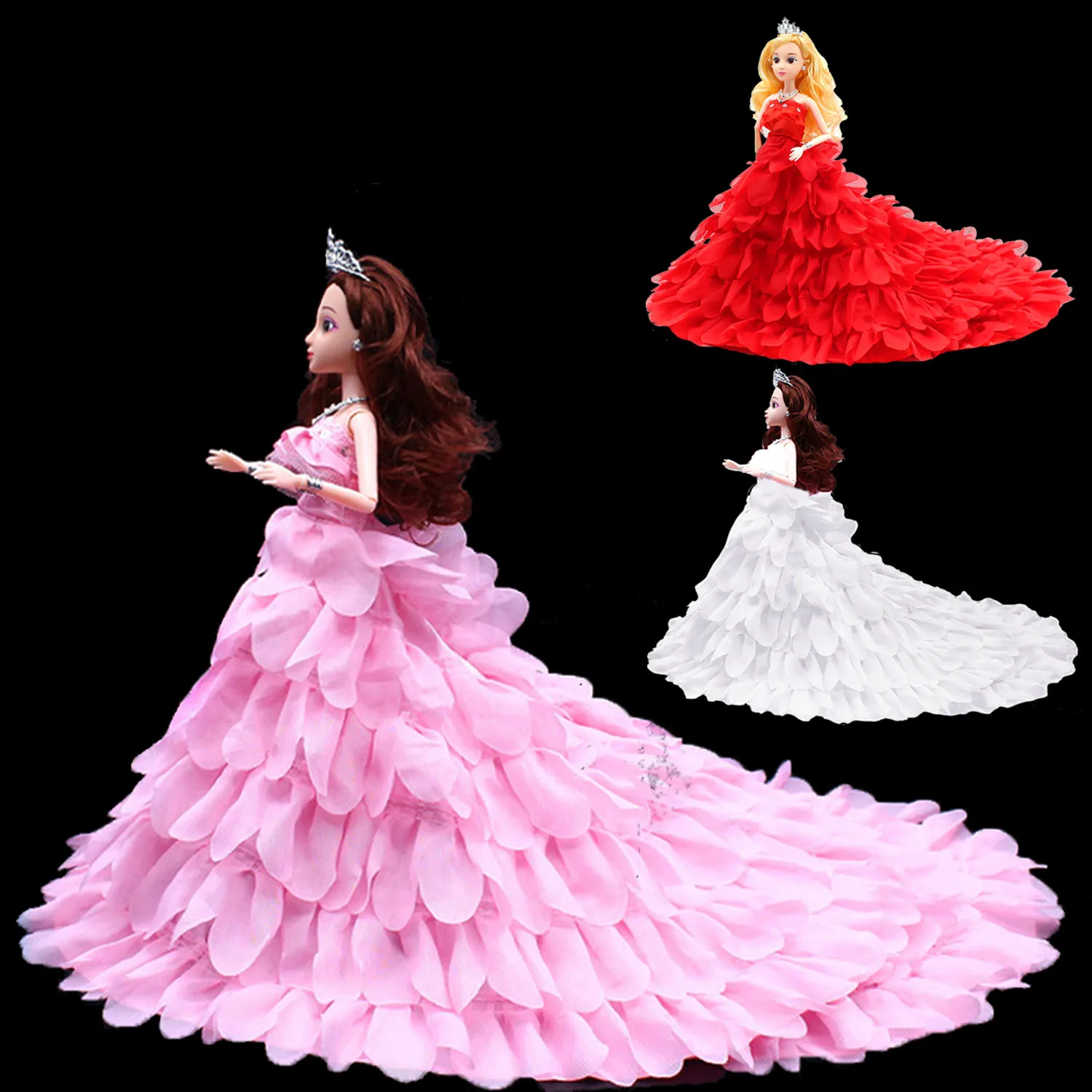 Petal Style Girl Dolls Toy Handmake Wedding Princess Party Dresses Gown Outfit Doll Cloth Accessories for Barbie Toys Girls Gift