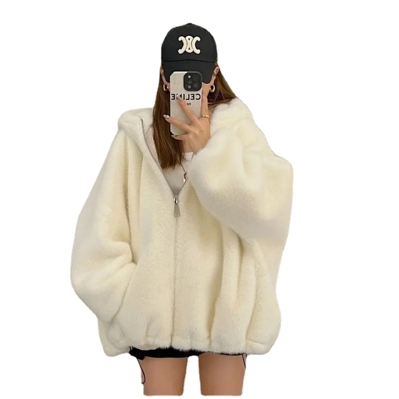 

New Hooded Lamb Plush Coats Jacket Women Autumn Winter Zipper Warm Fleece Outerwear Korean Women Chic Loose Thicken Fluffy Coat