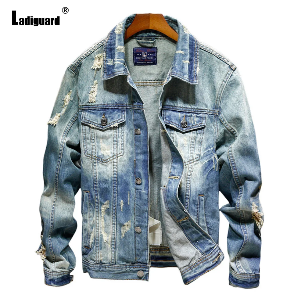 

Ladiguard 2024 Sexy Ripped Denim Jackets Slim Motocycle Jean Outerwear Plus Size Mens Denim Coats European Fashion Zipper Jacket
