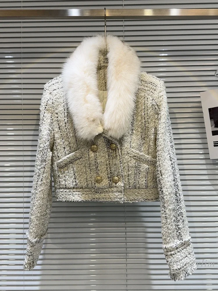 

2023 Winter New Classic Style Fox Fur Collar Woven Tweed Down Feather Liner Short Coat for Women Fashion Ladies Coats