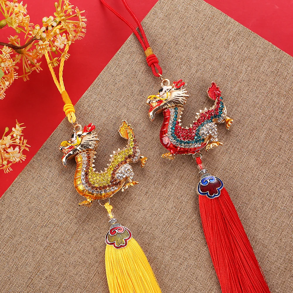 Dragon Chinese New Year Dragon Figurine Ornament with Tassel Rhinestones Inlay Zodiac Model Pendant for Home Party Gifts