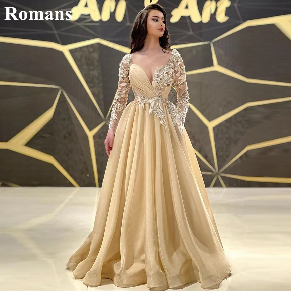 

Romans Champagne Evening Dresses For Women A-Line Full Sleeve Appliques vestidos de festa robe femme soirée vestidos de novia