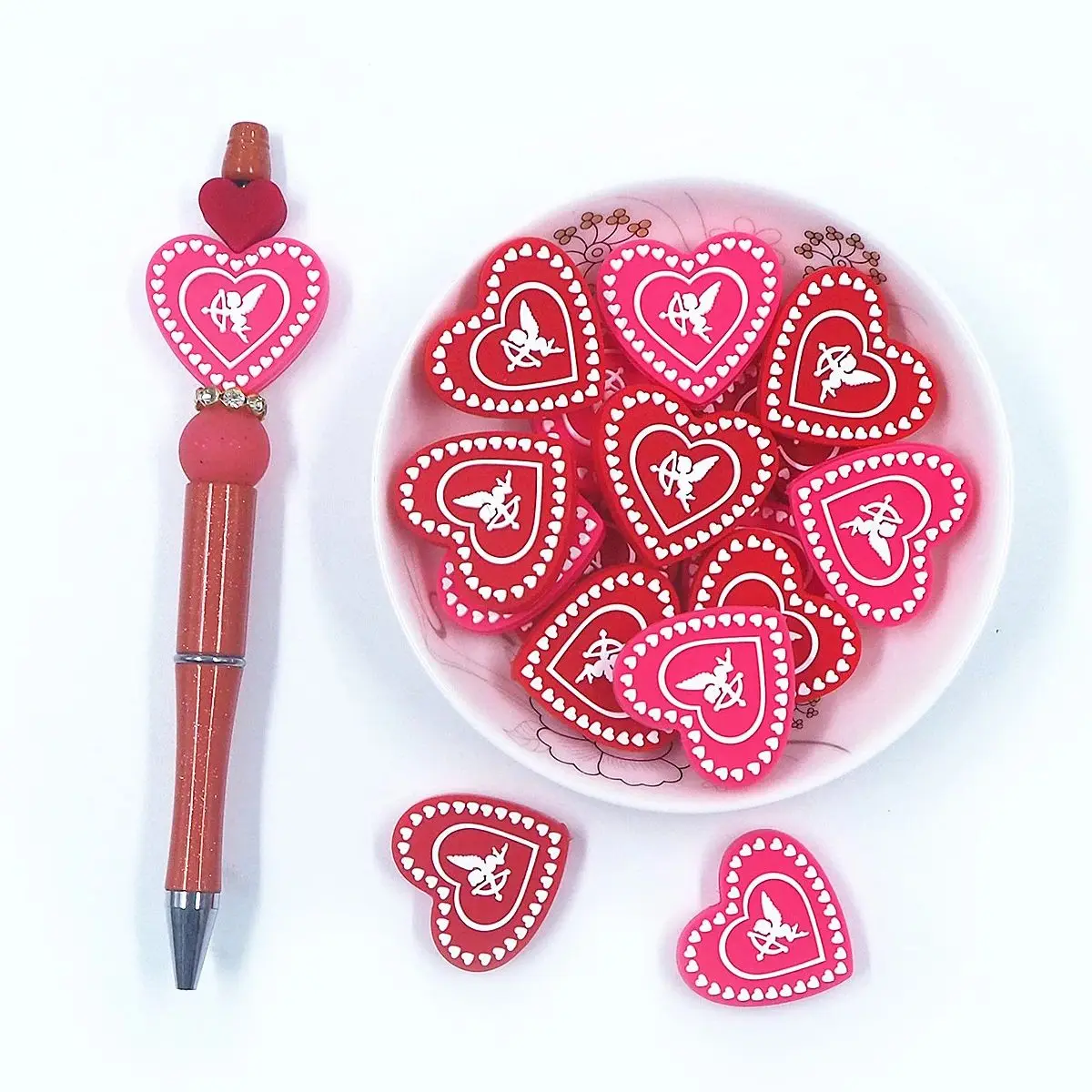 

Chenkai 50PCS Heart Cupid Silicone Focal Beads For Beadable Pen Valentine's Day Silicone Charms for Pen Making Character Beads