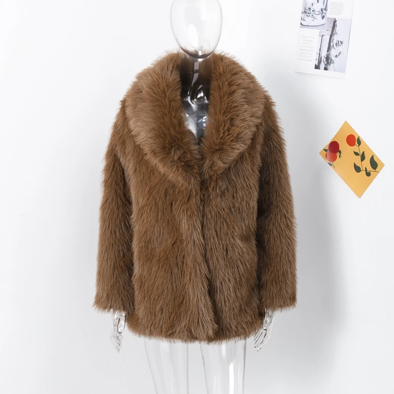Luxury Brown Faux Fur Coats Women Fashion Full Sleeve Lapel Long Warm Jacket Winter Fluffy Thick High Street Outerwear New
