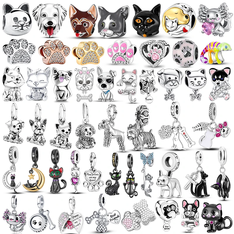 Animal Silver 925 Cute Akita Dog Cat Charms plata de ley Pet Doggy Bone Paw Print Schnauzer Bead Original Bracelet Jewelry