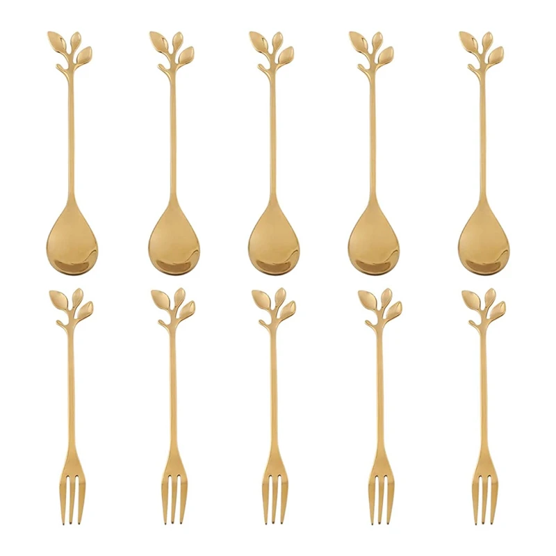 

50Spoon+50Forks Stainless Steel Leaf Coffee Cake Spoon Fork Dessert Spoons, Stirring Teaspoon Set Golden