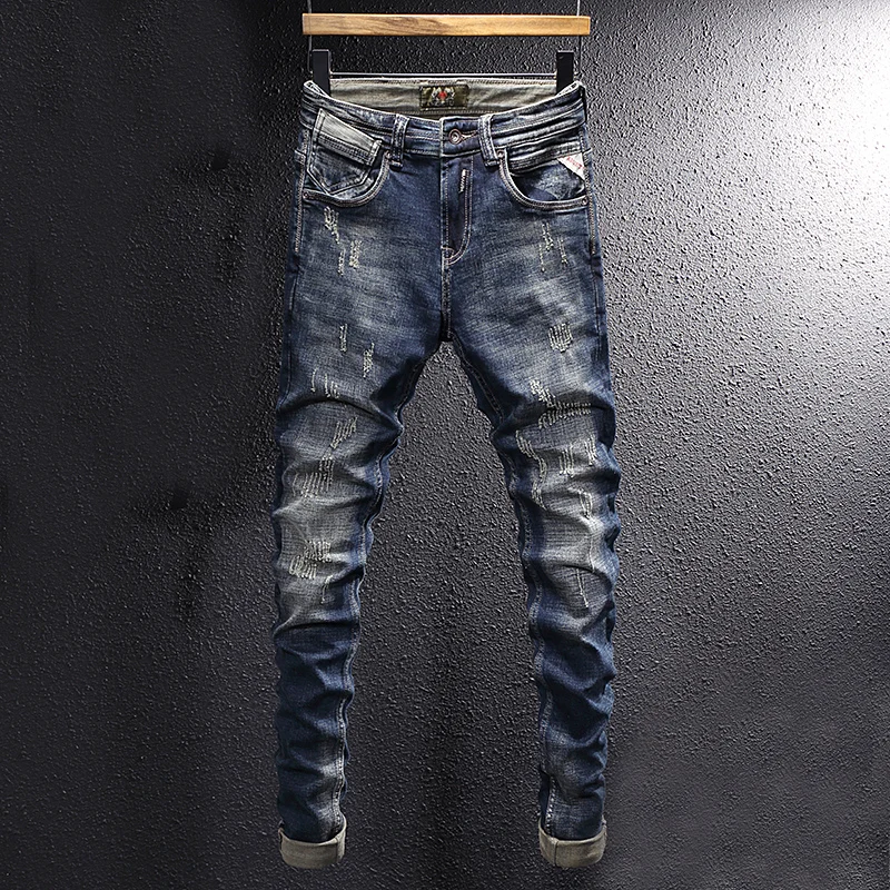 Italian Style Fashion Men Jeans Retro Black Blue Elastic Slim Fit Ripped Jeans Men Trousers Vintage Designer Casual Denim Pants italian style fashion men jeans retro blue distressed elastic slim ripped jeans men vintage designer frayed casual denim pants