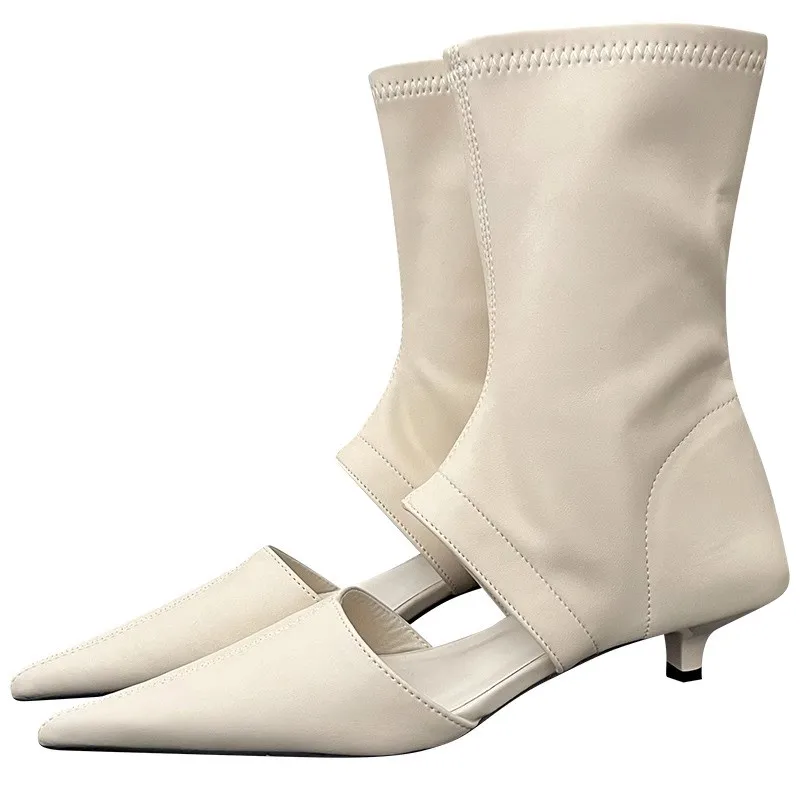 Spring Autumn Soft Leather Short Ankle Boots Women Fashion Hollow Out Ladies Sandal Pointed Toe Thin Low Heel Shoes Heels Women