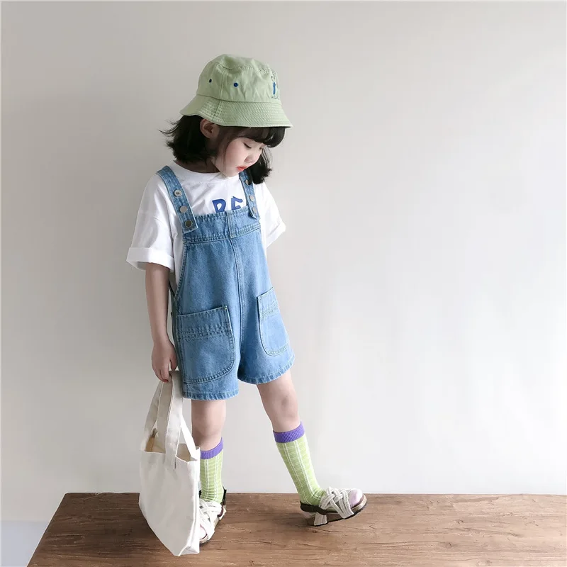 Summer Boys Girls All-match Denim Bib Shorts Korean Children Casual Five-point Shorts Adjustable Suspender Jeans
