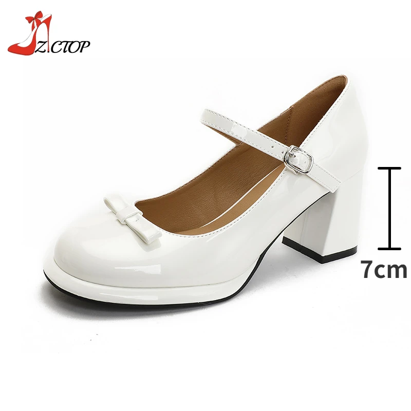 White Mary Janes High Heels Women Cute Bow Patent Leather Thick Heel Pumps  Buckle Strap Lolita Shoes Black Dress Party Shoes - AliExpress 322