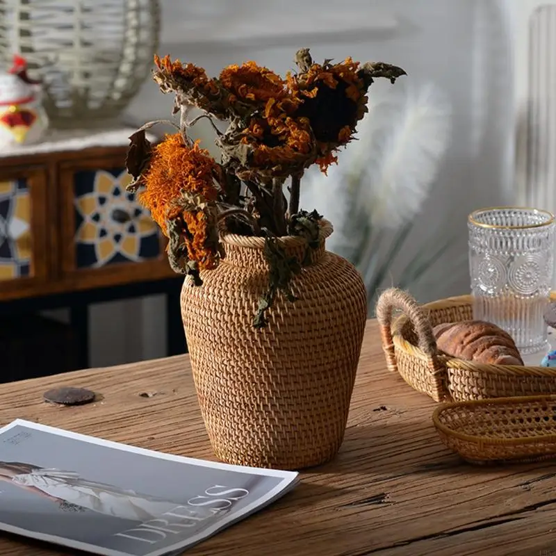 L9NB Rattan Woven Flower Vase Home Desktop Decor Rattan Material Home Garden Supplies 5