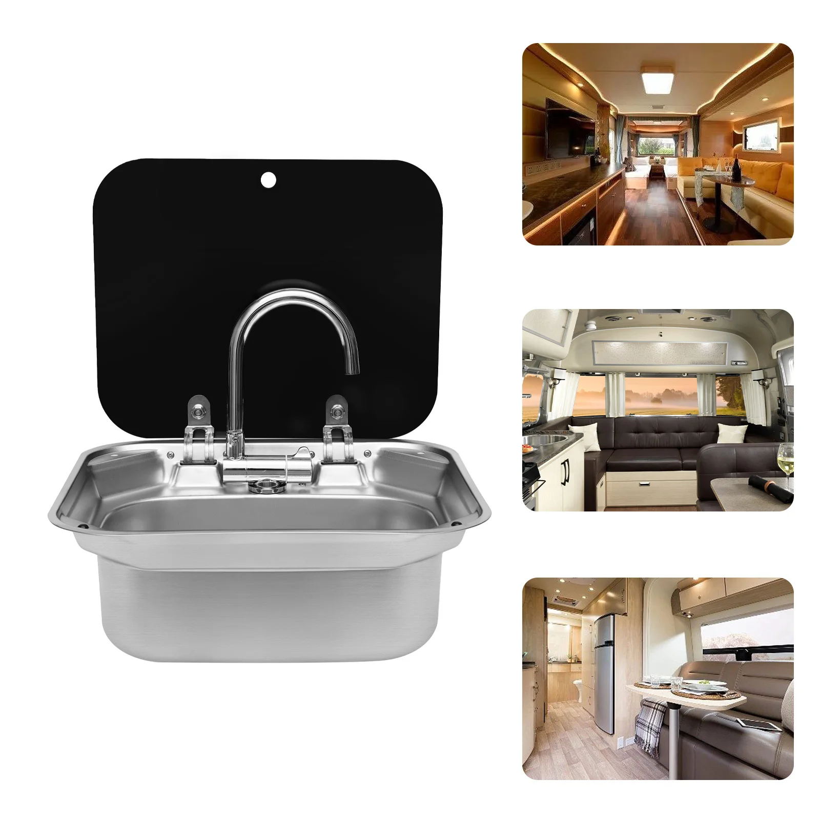 

Steel Hand Wash Basin Sink with tap with Folded Faucet Tempered Glass Lid van Camper Trailer Accessories for RV Caravan or Boat