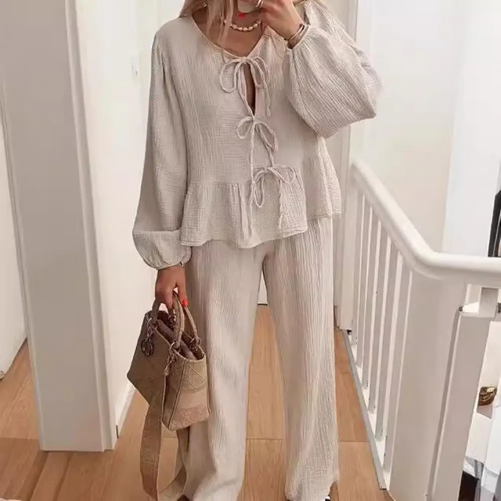 

Women Spring Lantern Sleeve Top Set Fashion Lace Up Long Sleeve Blouse Drawstring High Waist Pant Casual Commuting Streetwear