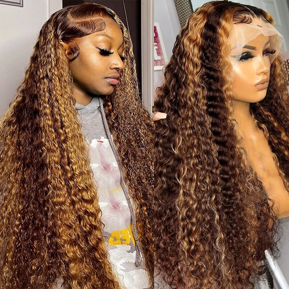 

34 Inch Curly Ombre Colored Lace Frontal Wig 13x4 Highlight 4x4 Closure Glueless Wigs Deep Wave Brazilian Human Hair 180 Density