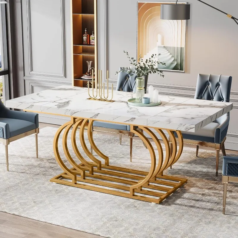 Modern Dining Table, 63 inch Faux Marble Wood Kitchen Table for 6 People, Rectangular Dinner Room Table 1
