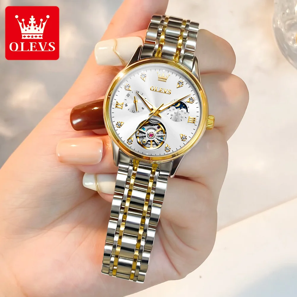 OLEVS 6608 Women's Watch Hollow Waterproof Mechanical Watch For Women Moon Phase Stainless Steel Strap Luxury Ladies Wristwatch