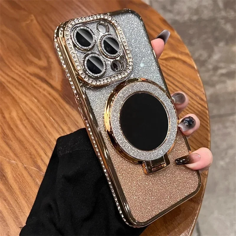 Luxury Diamond Clear Glitter Phone Case with Mirror Magnetic Holder and Stand