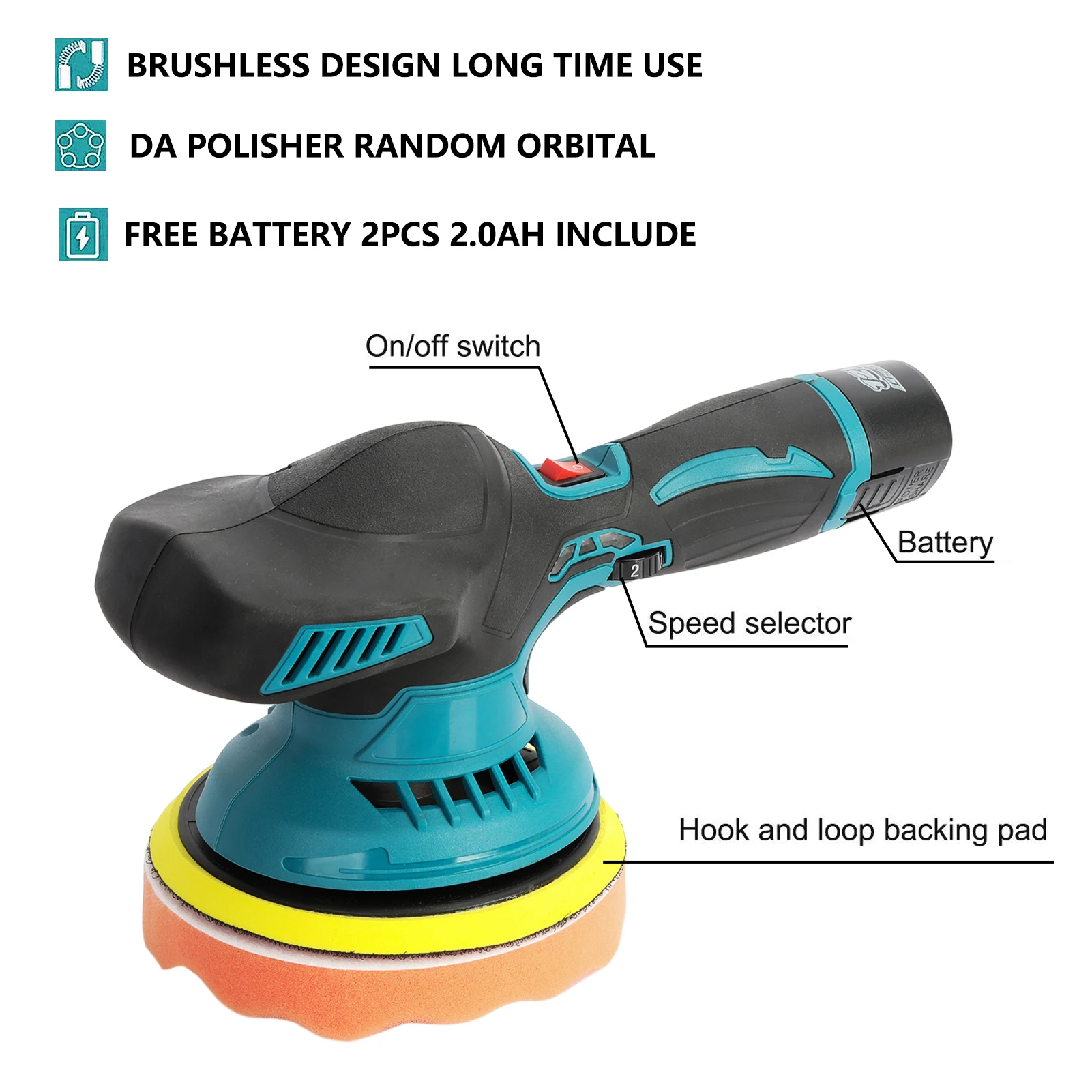 Car Polisher 6 Variable Speed Battery Powered Cordless Powerful Motor Ergonomic Handle Car Polishing Dual Action Buffer Pol