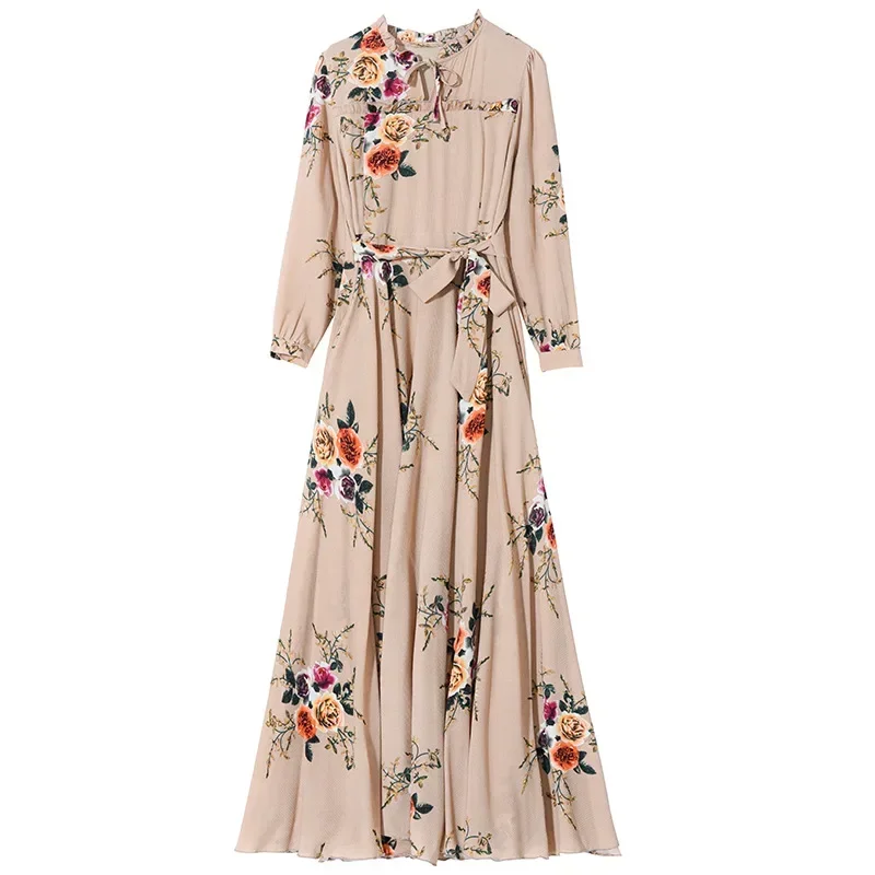 Modest dress 2023 Spring Autumn New Arrival High Quality Elegant Stand Collar Long Sleeve Printed Women Chiffon muslim dress