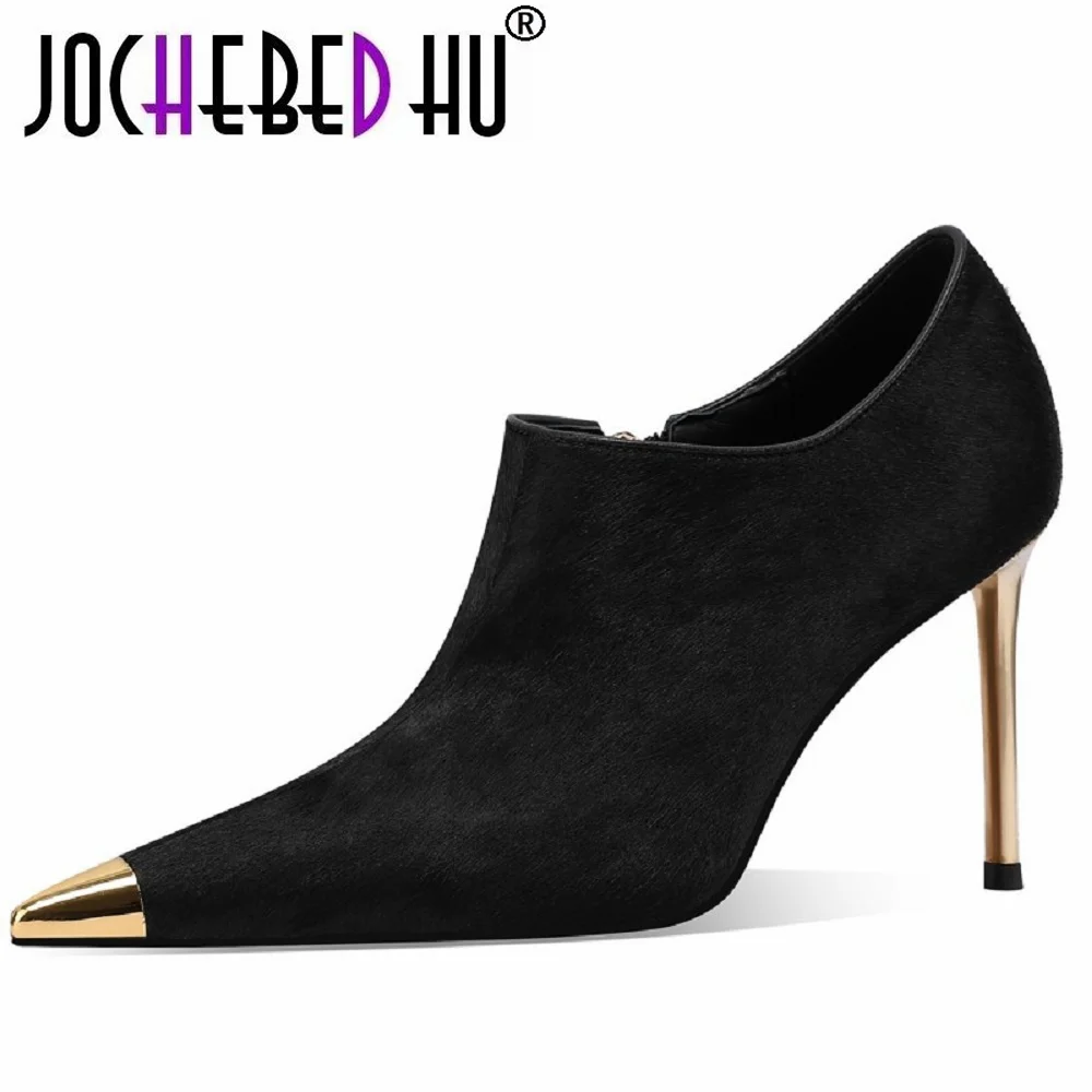 

【JOCHEBED HU】Brand Classic High Quality Black Genuine Leather Horsehair Metal Tip High Heel Boots Lady Casual Autumn Stiletto