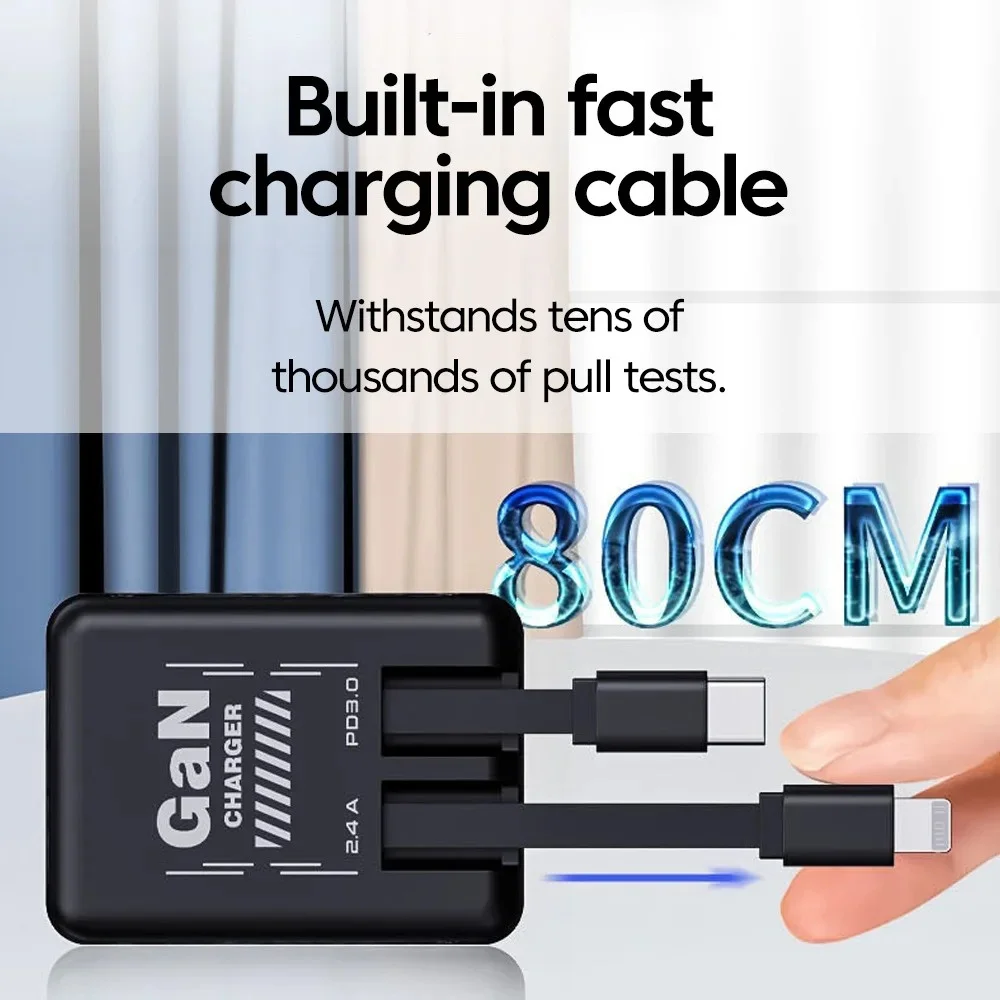 Foldable EU/US/UK Plug GaN Phone Charger with Retractable Type C to Lightning/Type C Cable Fast Charging Universal USB Charger