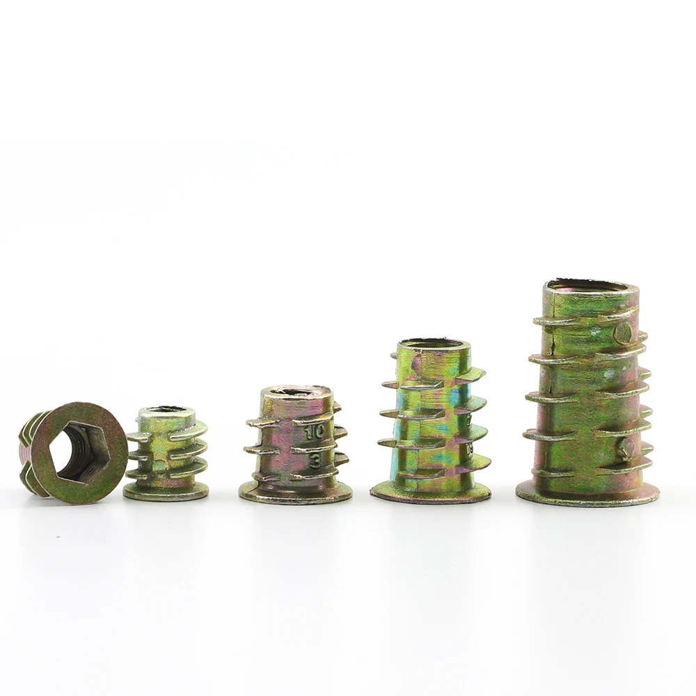 Thread Insert Nut for Wood Yellow Zinc M4 M5 M6 M8 M10 Flanged Hex Drive Head Furniture Nuts Connector 10/20/30pcs