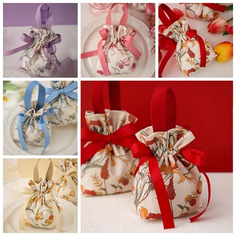 

Floral Canvas Drawstring Bag Korean Style Large Capacity Bowknot Handbag Wedding Candy Bag Coin Purse Wallet Festive Sugar Bag