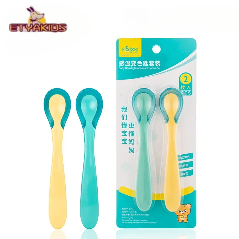 Silicone Feeding Spoon Silicone Cutlery Set Learning Spoons Fork Spoon Set Baby Cutlery Silicone Change Color Temperature Sensing Baby Soft Feeding Spoon Toddler Tableware BPA Free Babies Accessories Feeding Tools
